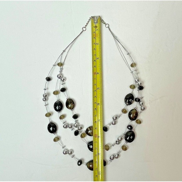 Triple Strand Layered Beaded Necklace Silver Black Green - Picture 4 of 5